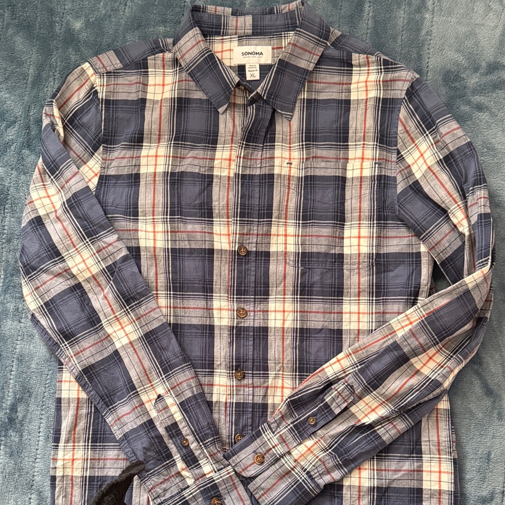 Sonoma Boys Navy and White Plaid Button Down Shirt